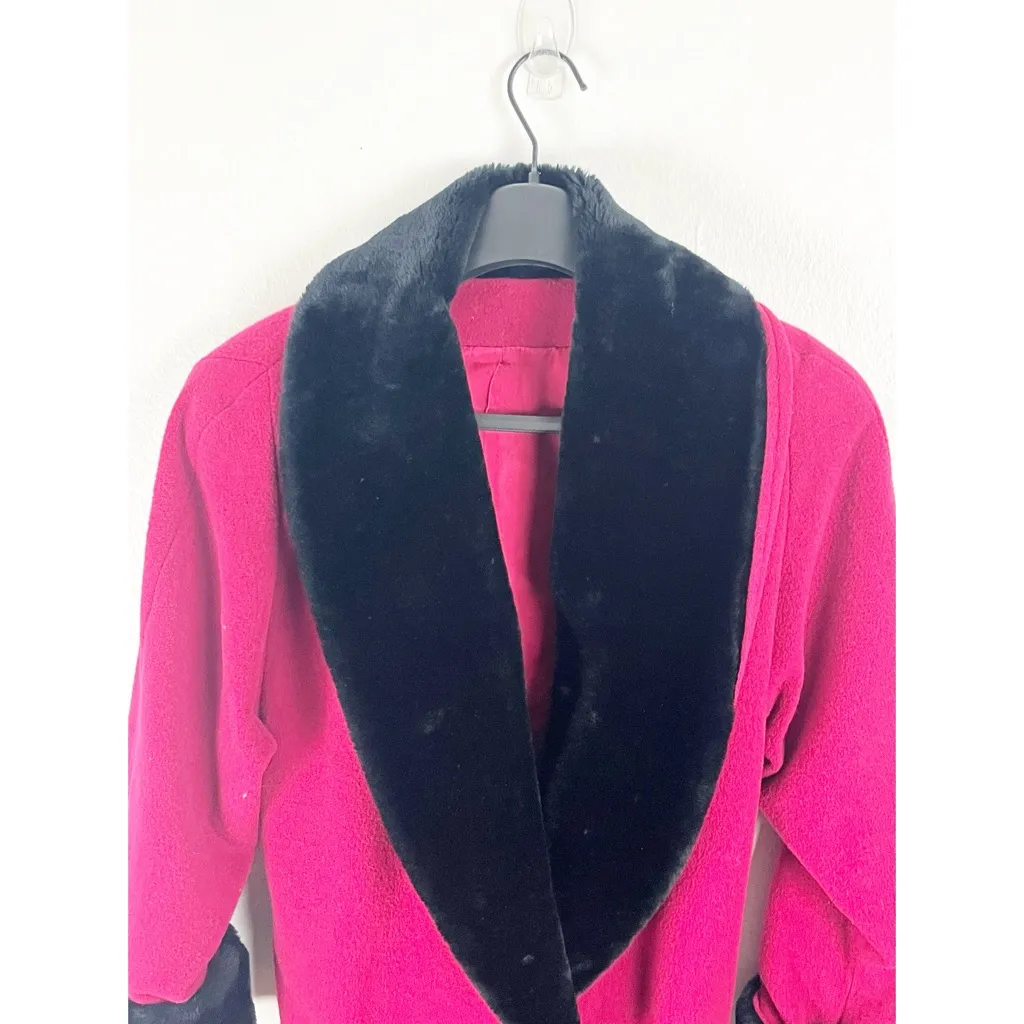 AMERICAN VINTAGE Red 100% Wool Faux Fur Trim Lined Belted Waist Coat Medium - Image 8