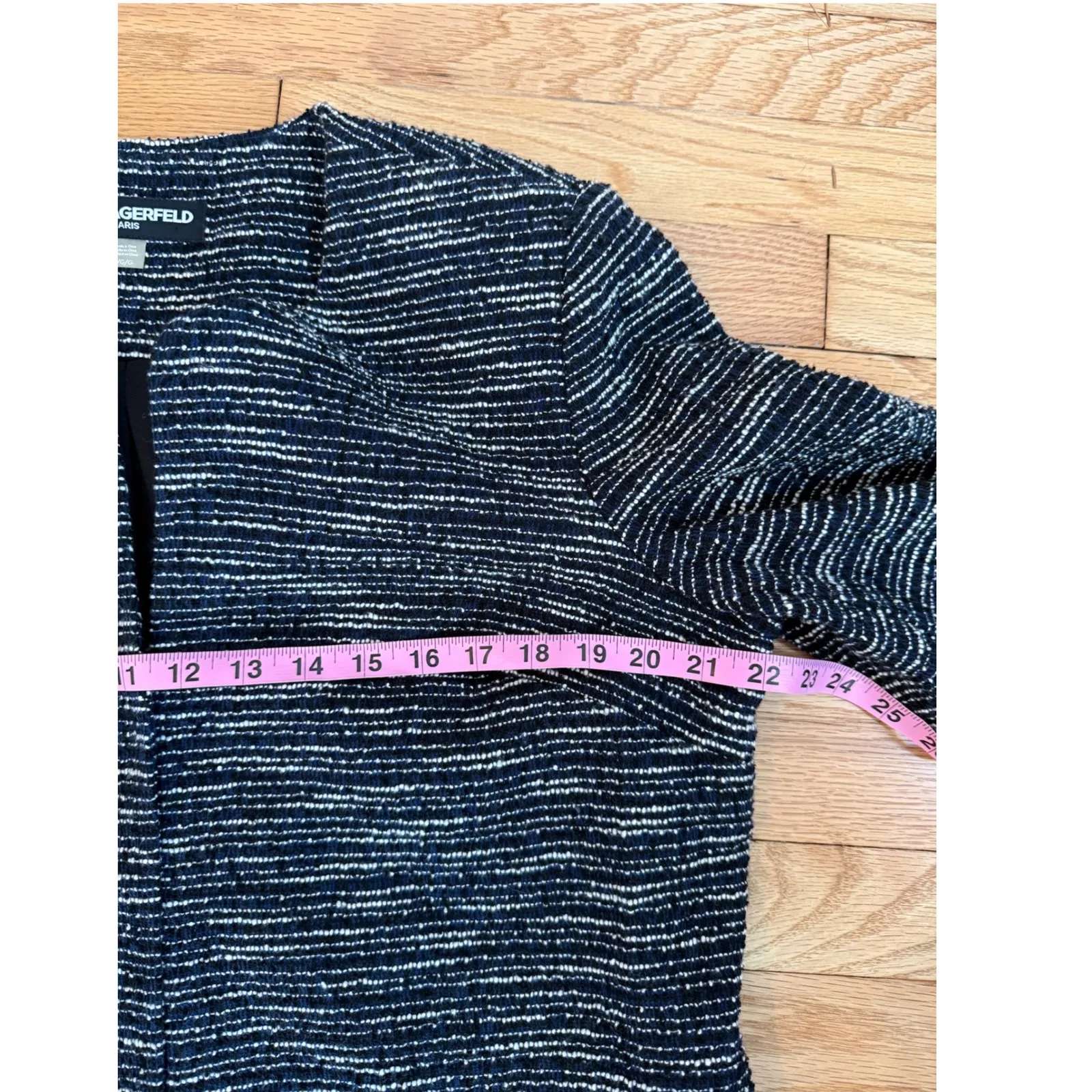 Karl Lagerfeld Paris Black White Tweed‎ Open Front Blazer Jacket Large Elegant - Image 9