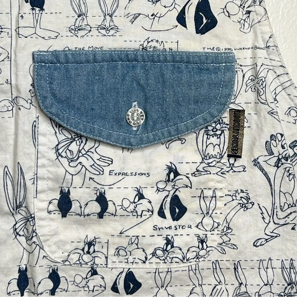 Vintage 90s Looney Tunes Blues Button Down Sleeveless Shirt All Over Print Med - Image 3
