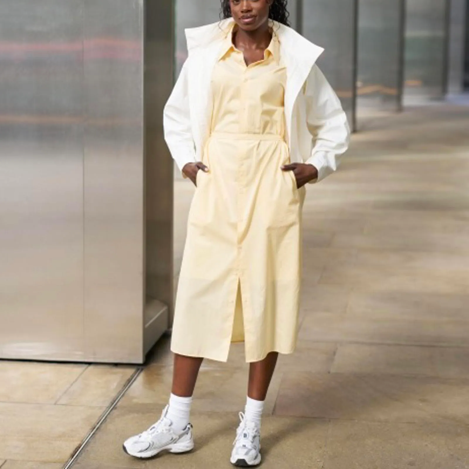 Uniqlo Cotton Sleeveless Midi Shirt Dress Light Orange NWT Large - Image 4