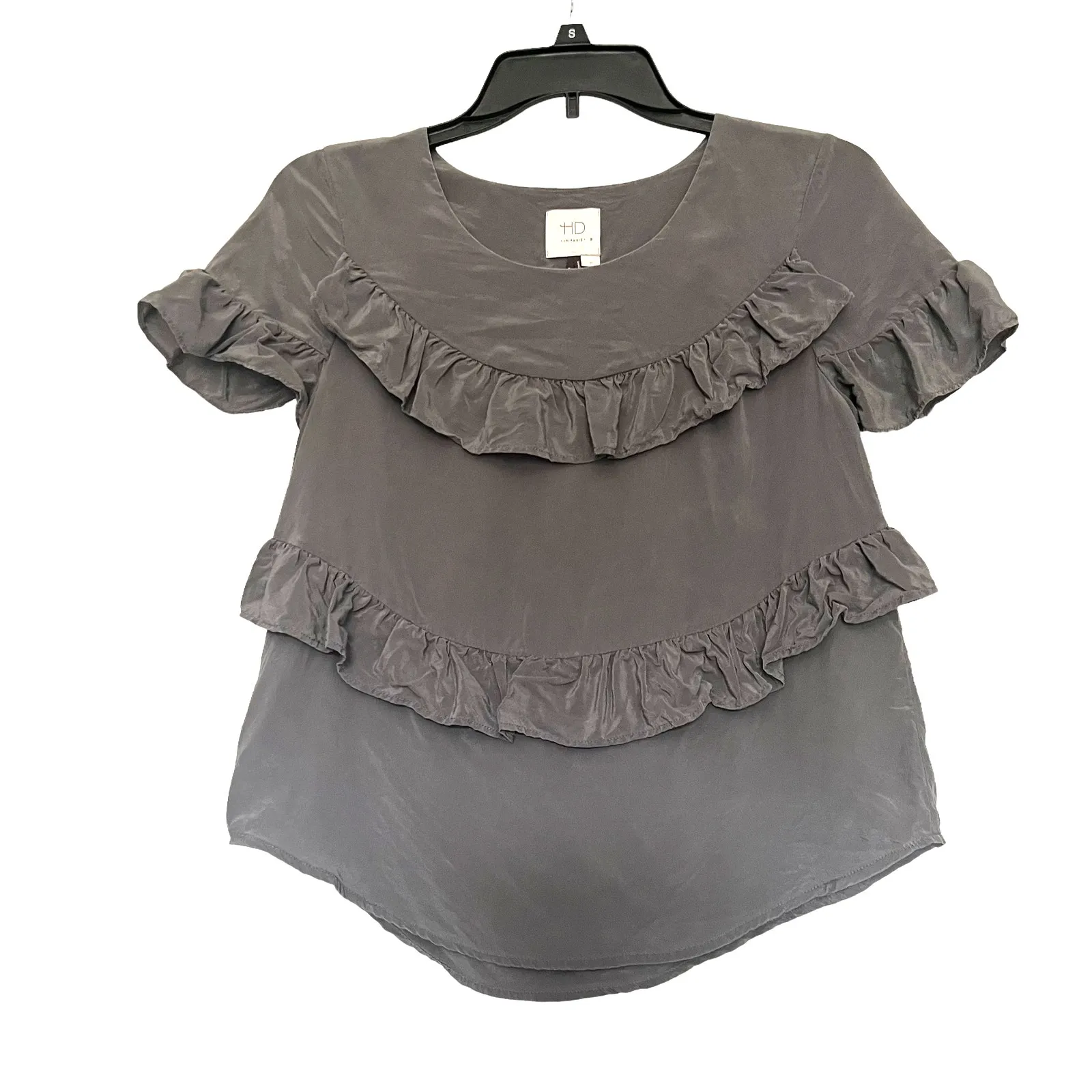 HD in Paris 100% Silk Ruffle Womens Top XS Romantic Cottagecore French Gray - Image 2