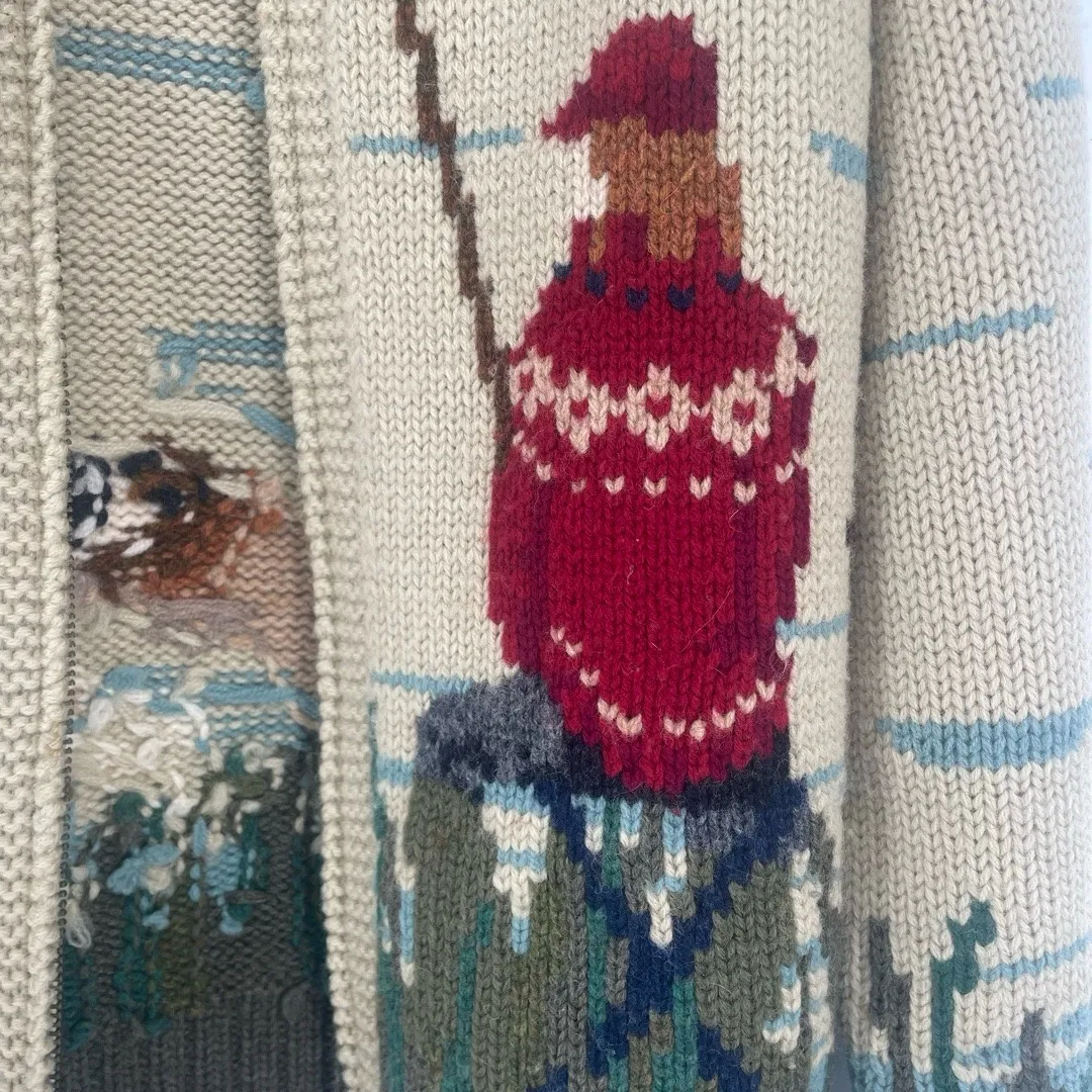 Vintage Lauren Ralph Lauren Hand Knit Landscape Wool Cardigan sz M Fisherman Dog - Image 13