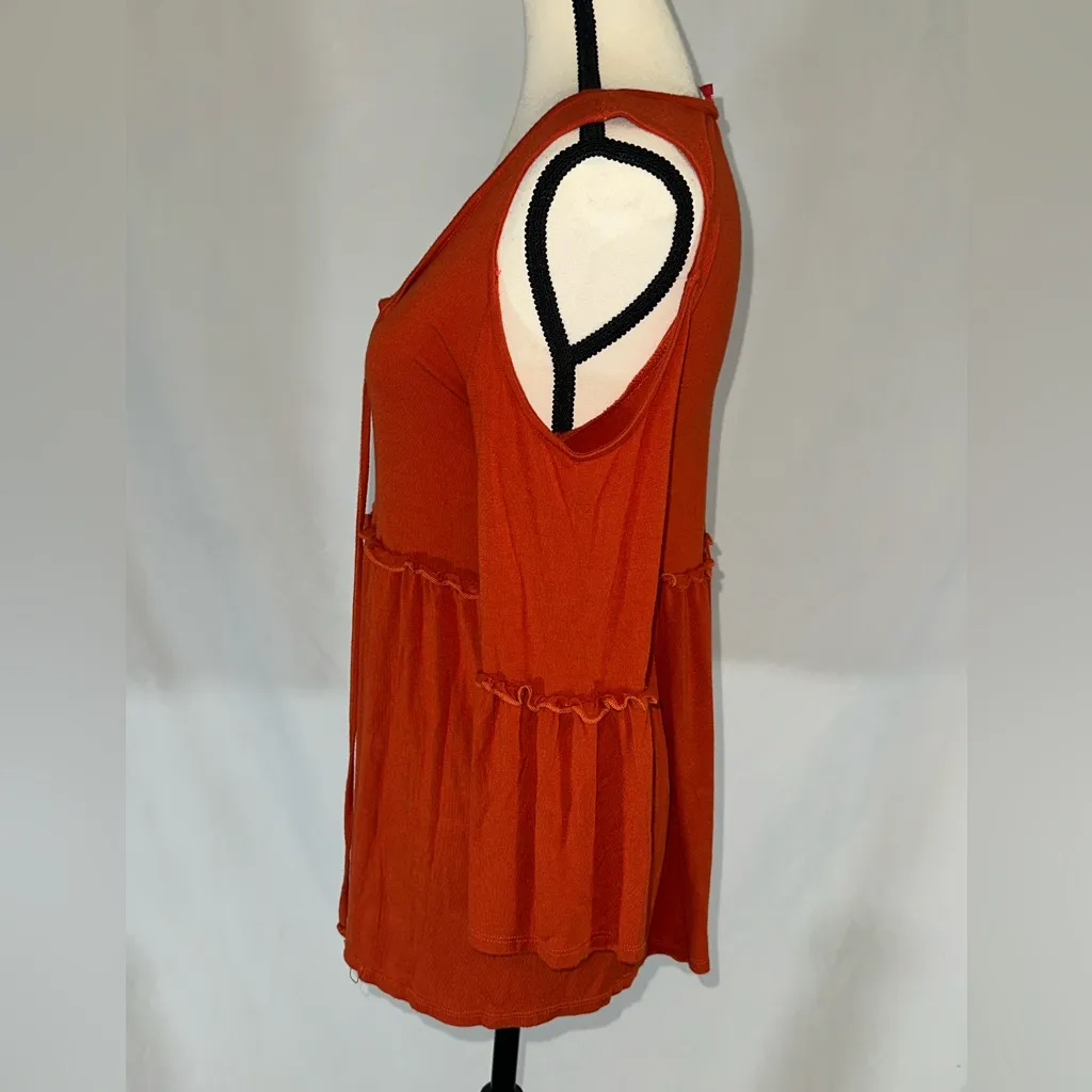 Panhandle • Cold Shoulder Rust Colored Babydoll Blouse • Size L - Image 3