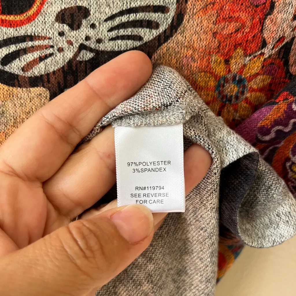 Energe Sz L Sugar Skull Cat Stretch Shirt Long Sleeve Blouse Top Pullover Red Size L - Image 7