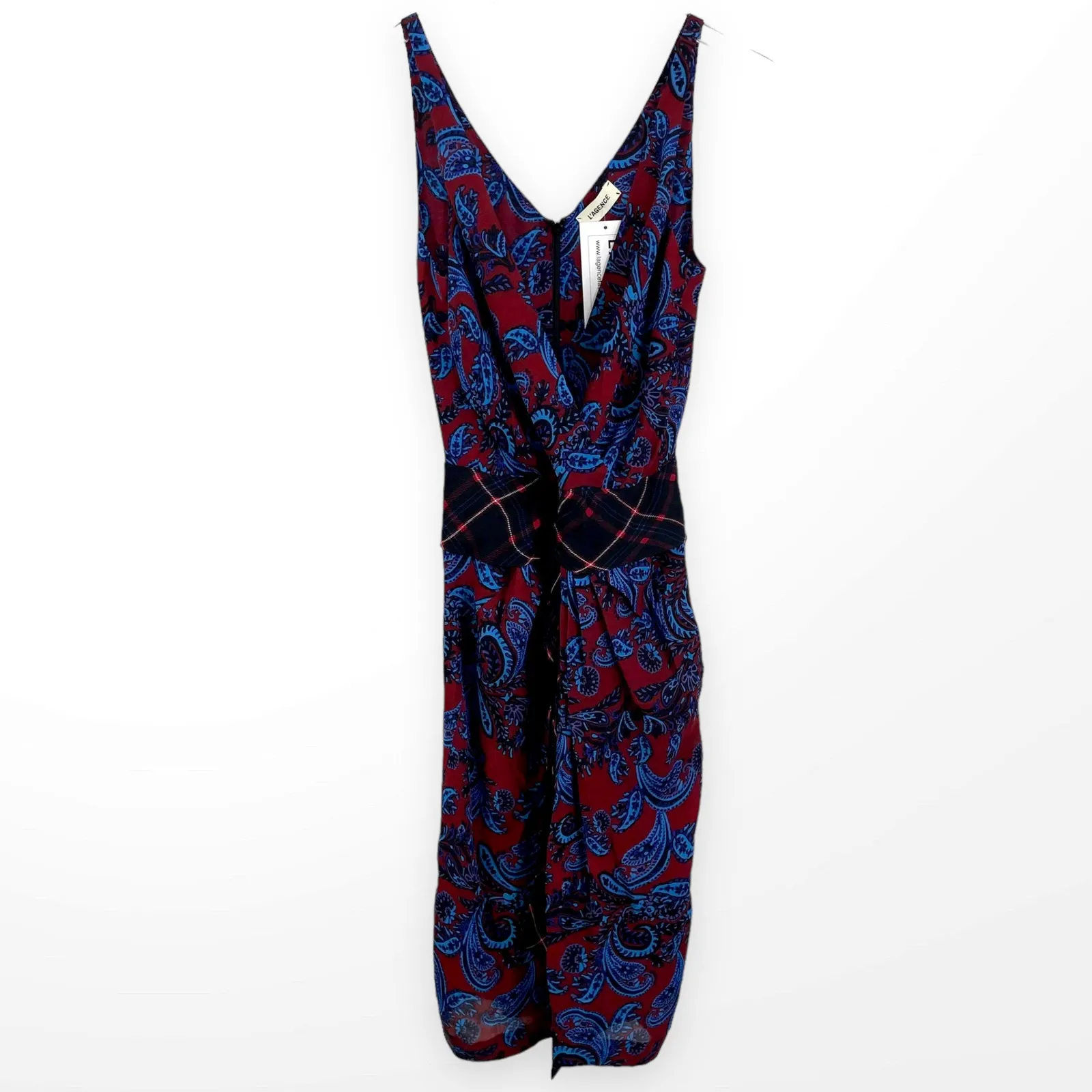 LAGENCE Red Blue Paisley Surplice Sleeveless Midi Dress - Image 3