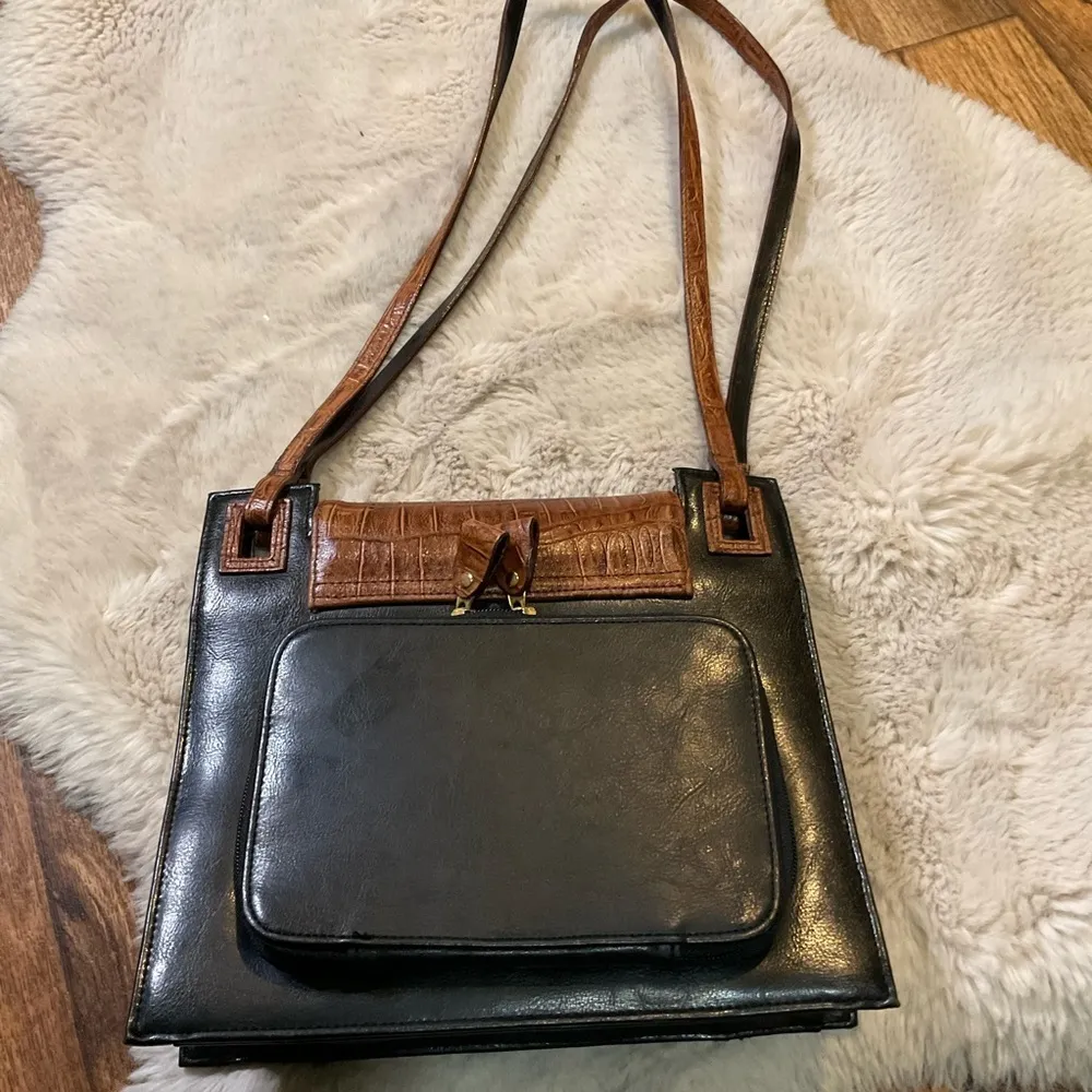 Vintage Bellerose Brown Croc Black Shoulder Bag Purse Wallet Attached Leather - Image 8