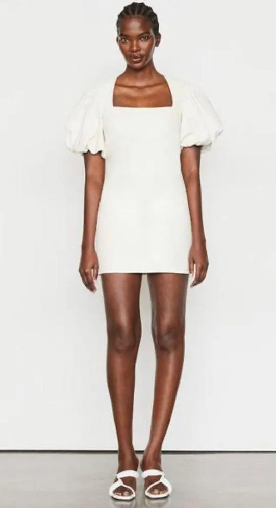 FRAME Denim Nina Puff Sleeve Leather Mini Dress Bone Womens Size Large - Image 10