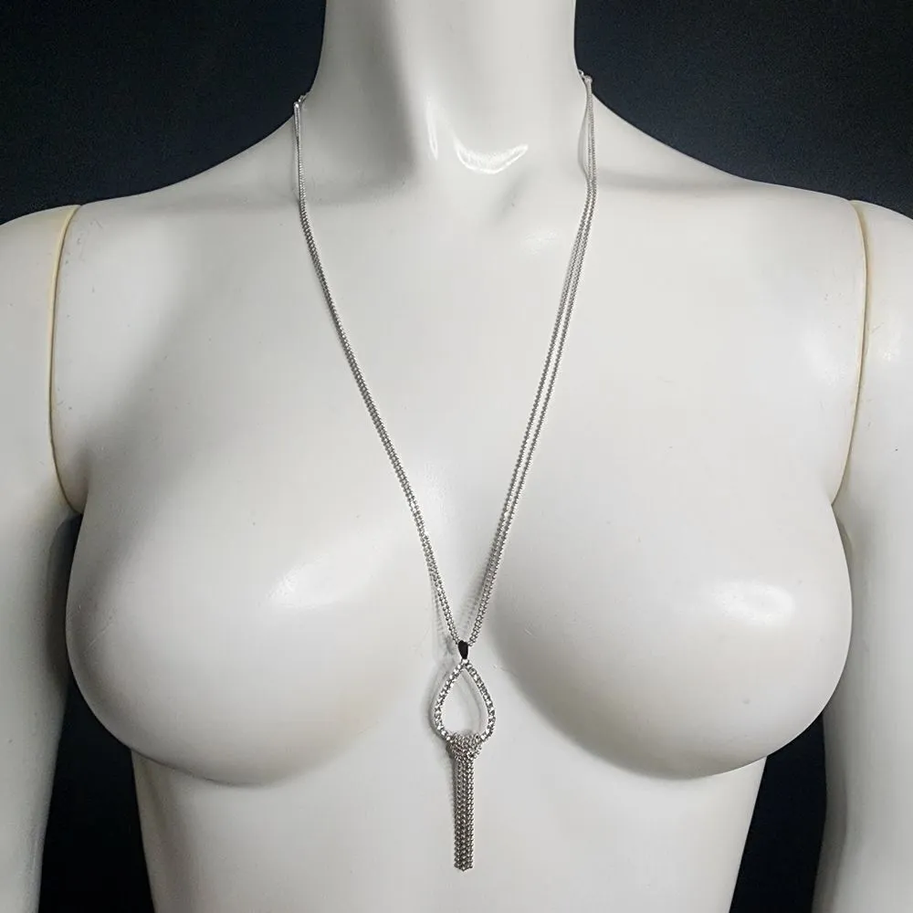 X & O Rhodium Plated Teardrop Fringe Crystal Pendant Necklace Silver - Image 3