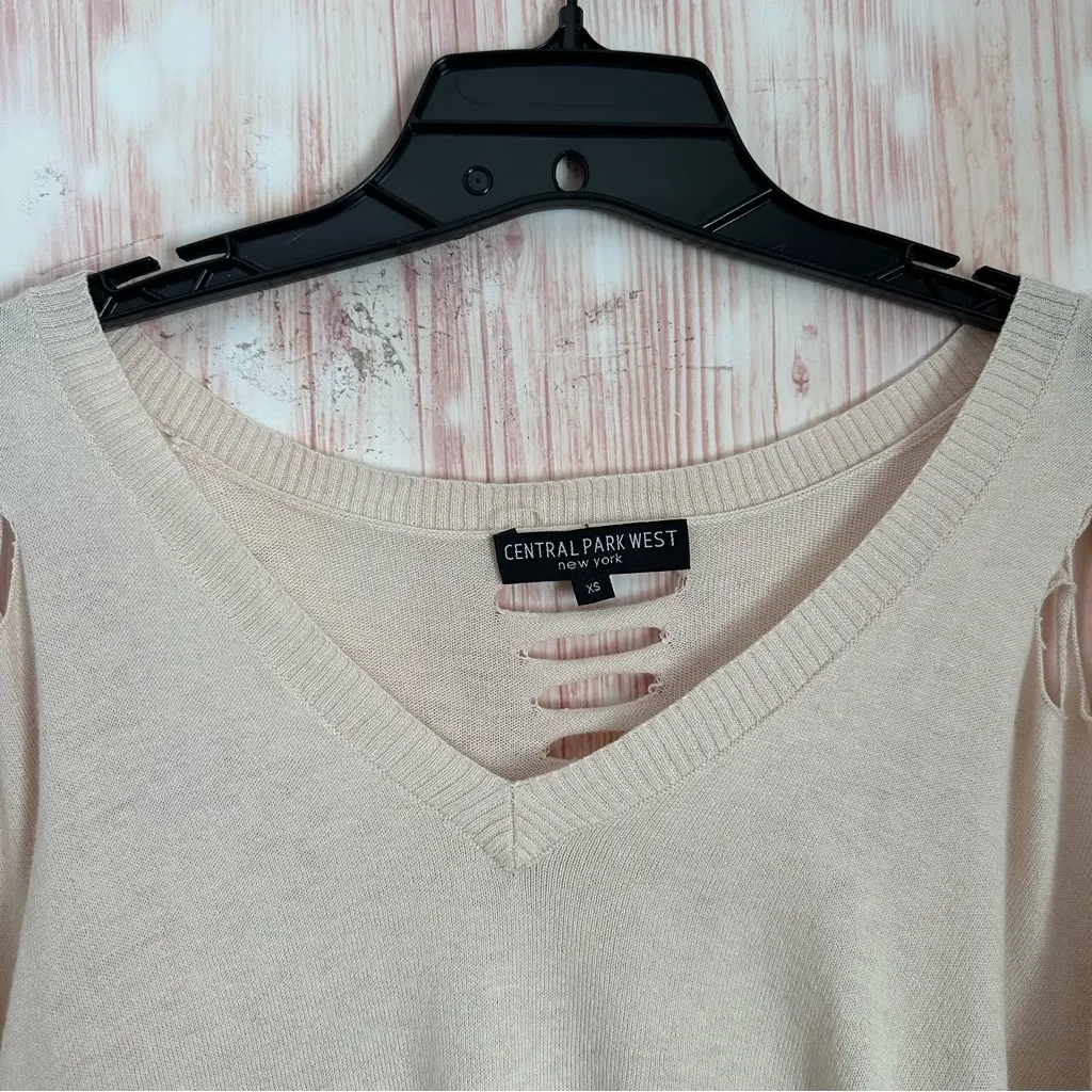 Central Park West Revolve Distressed Ripped V-neck Sweater Cream XS - Image 7