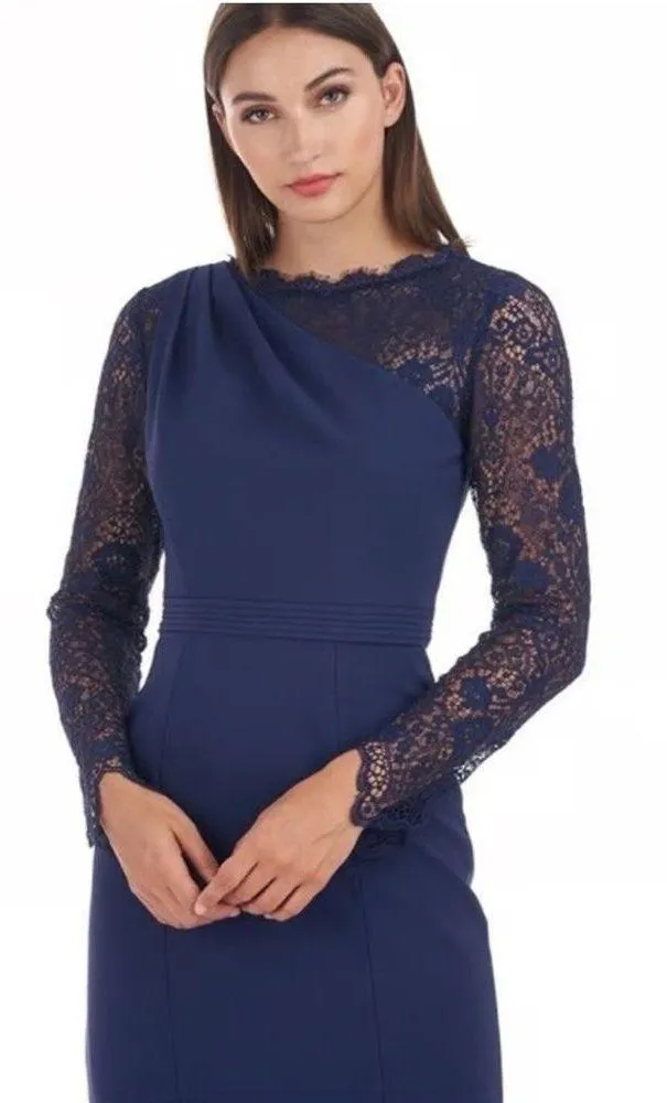 JS collection Elegant Navy Blue Lace Sleeve Maxi 14 Evening Formal Dress - Image 2
