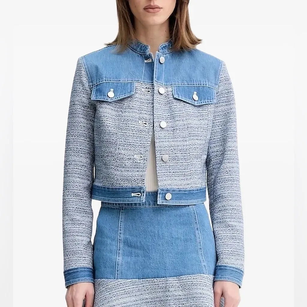 NWT $148 GUESS  Elsie Tweed and Denim Jacket Color: blue indigo tweed combo S - Image 3