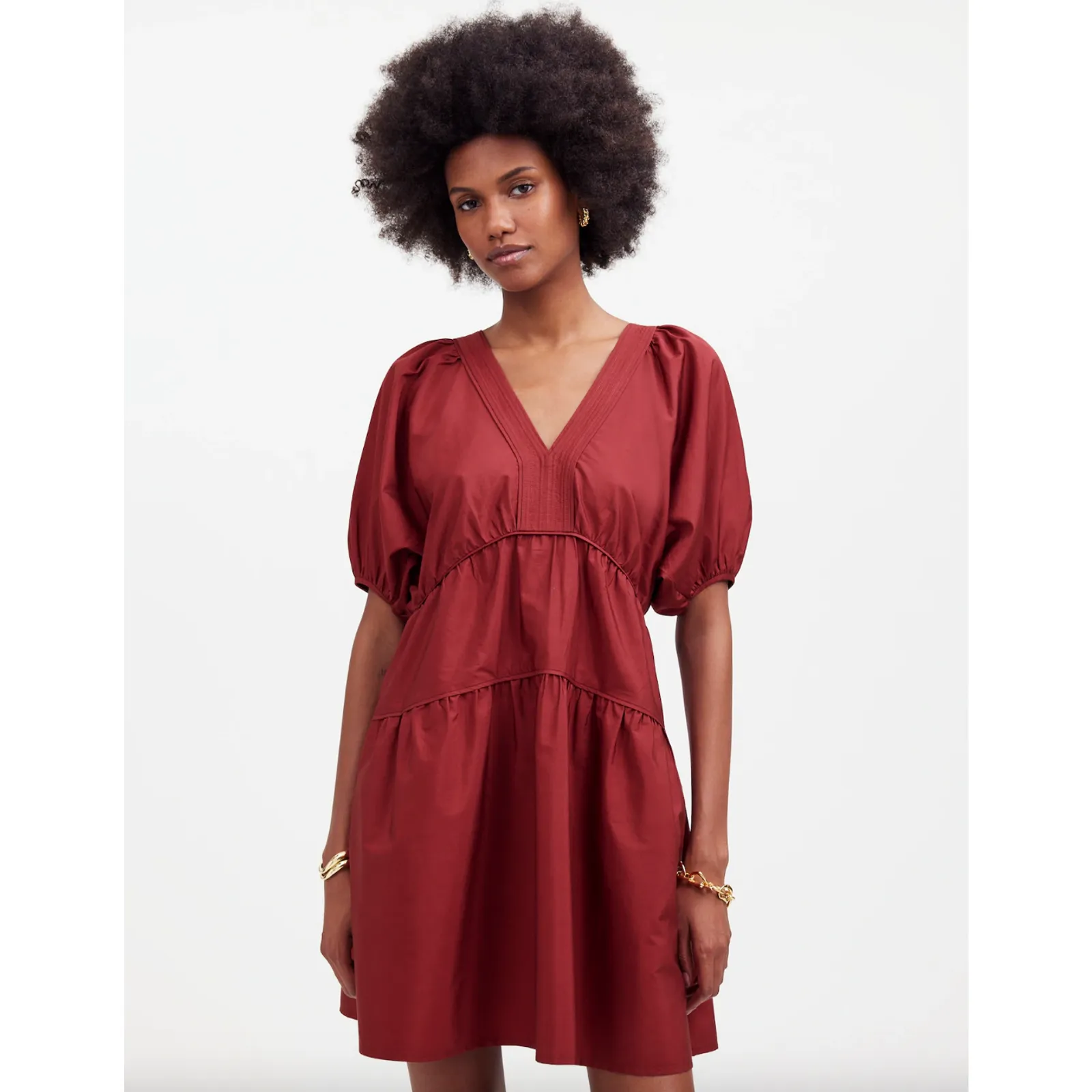Madewell Puff Sleeve Mini Dress Poplin Claret Burgundy A Line Pockets Large - Image 2