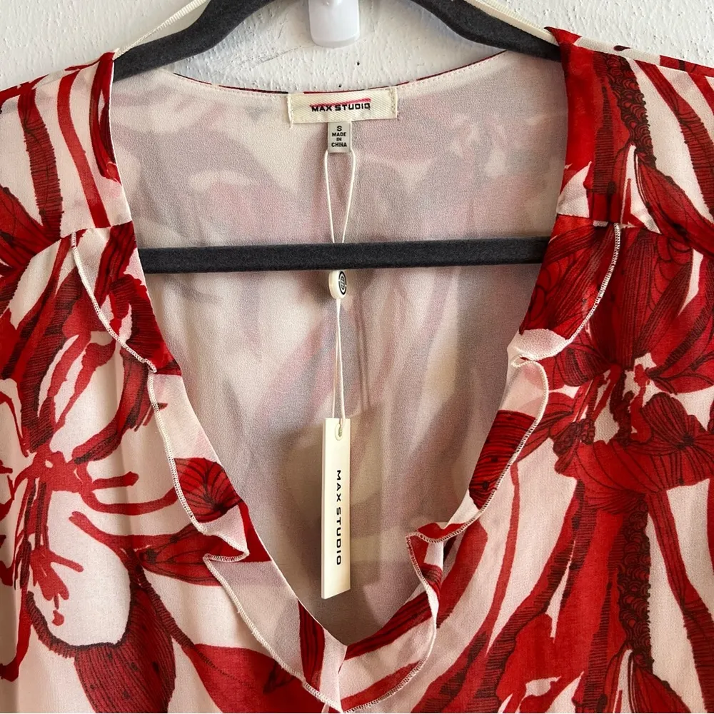 Max Studio Dress/ Cover Up Floral Red & Cream Mini Long Sleeve Chiffon Sz S NWT - Image 4
