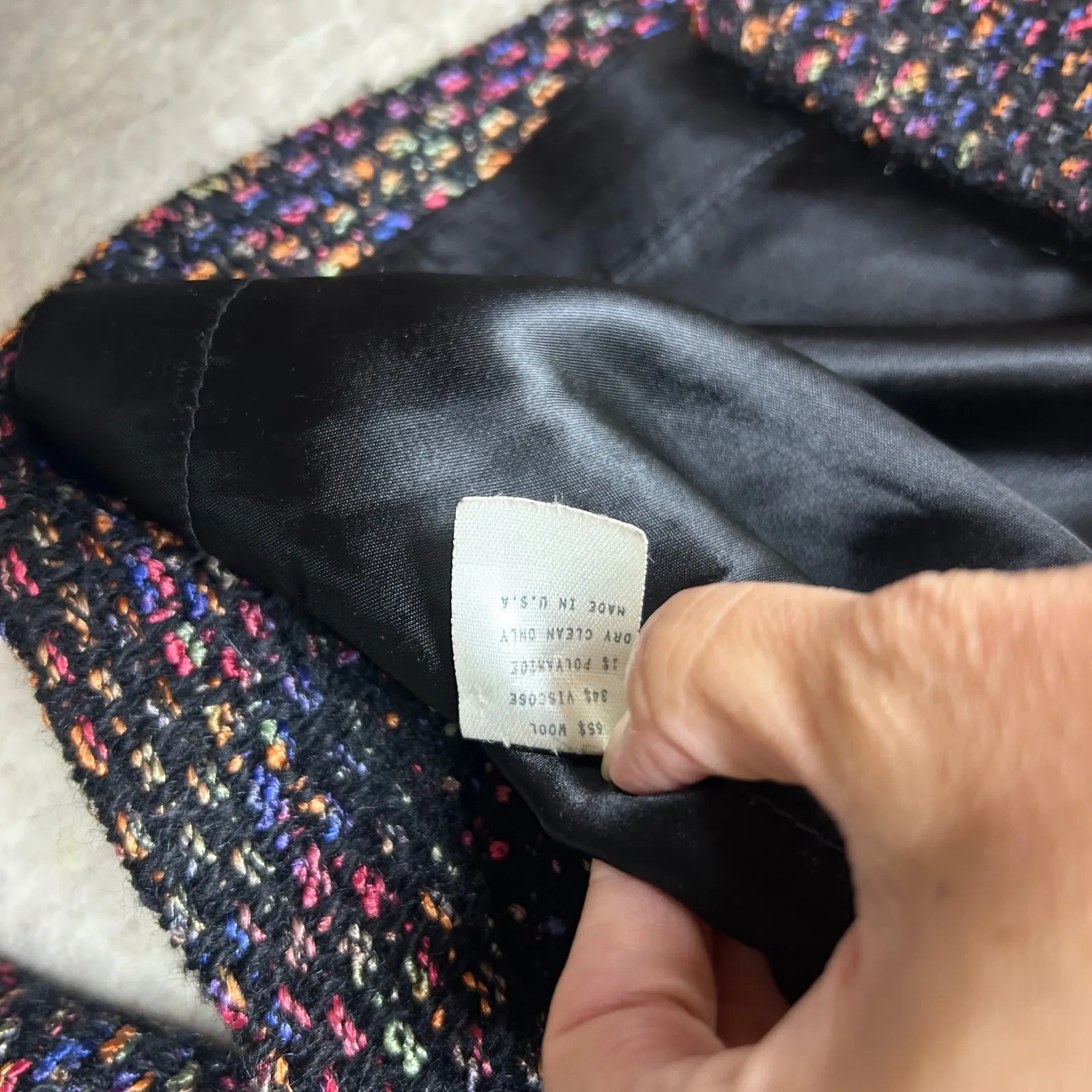 Caroline‎ Rose One Size Multicolor Tweed Jacket Button Front Pockets Made in USA Black - Image 4