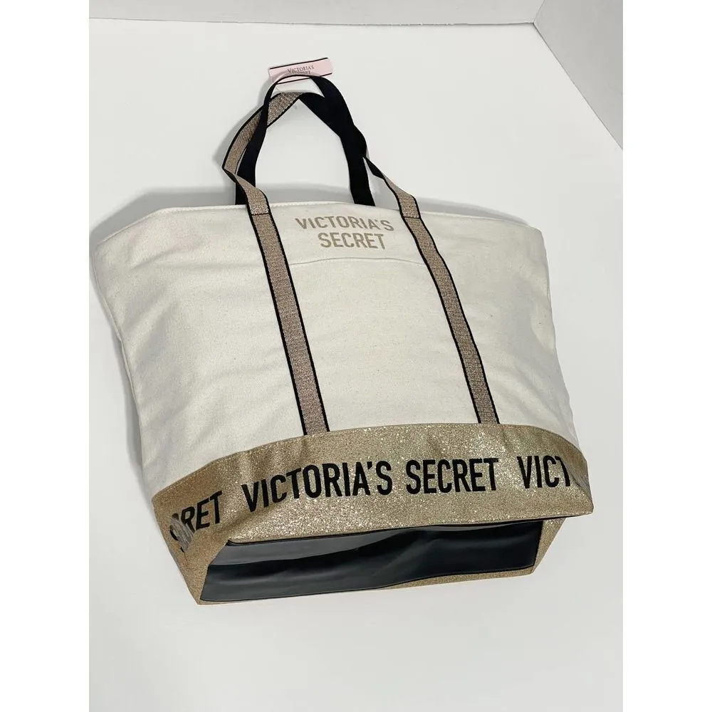 Victoria’s Secret Canvas Tote Structured Shoulder Bag‎ Gold Glitter Cream Color - Image 12