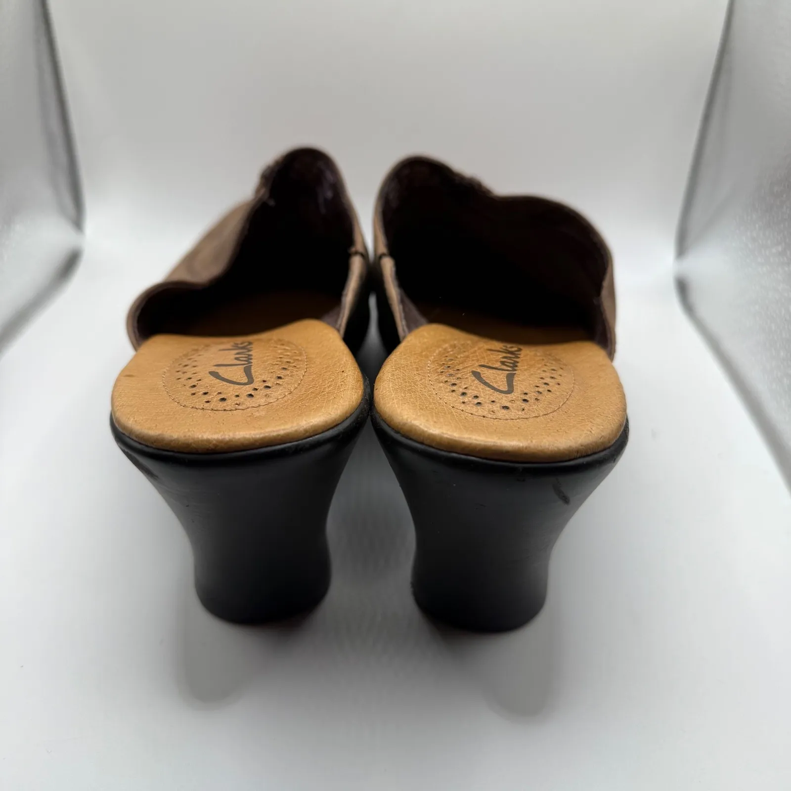 Clarks Mules Clogs Wedge Heel‎ Leather Brown Casual Shoes Size 7.5M - Image 4