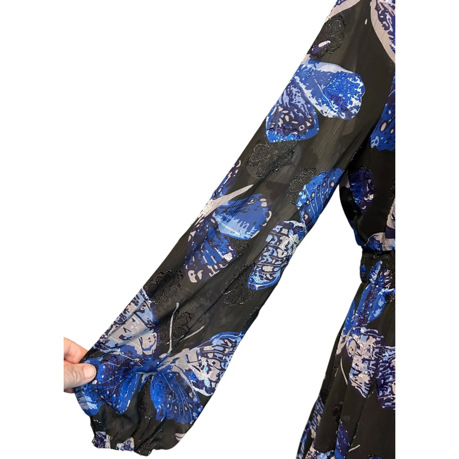 Pinch NWT Maxi Dress S LG Tiered Ruffled Lined Women's Peasant Sleeve Butterfly Blue - Image 4