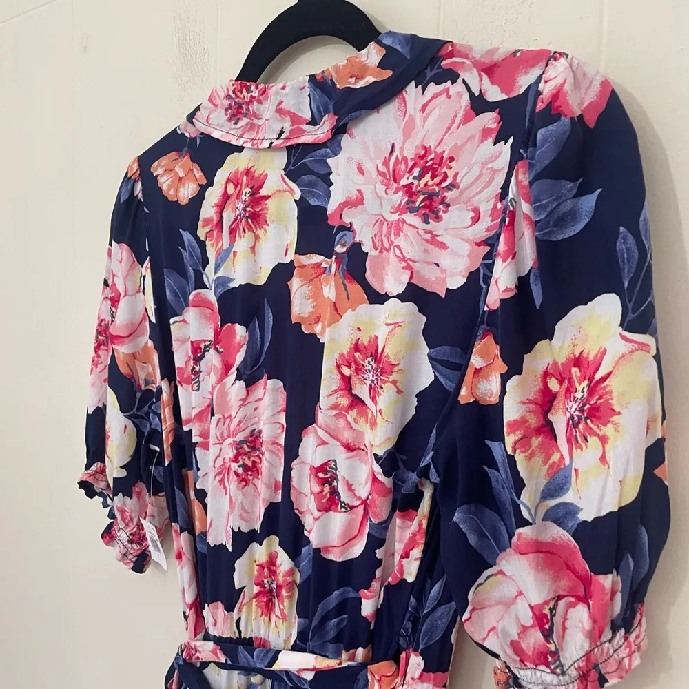 Old Navy NEW True Wrap Midi Dress Navy Blue Floral Ruffle ~ NWT Size S - Image 7