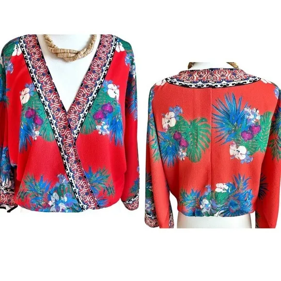 Flying Tomato Wrap Blouse Orange Multicolor Boho Tropical‎ Elastic Waist Medium - Image 2