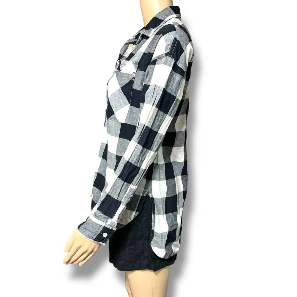 Old Navy Womens Boyfriend Plaid Shirt Top Pullover Long Sleeve Black Gray XS - Image 5