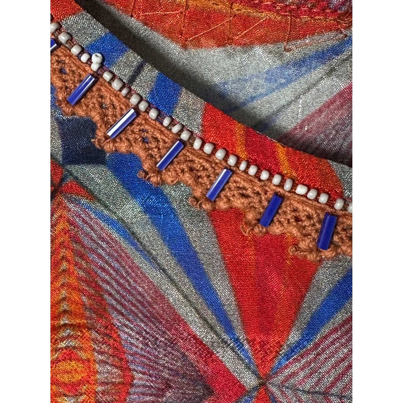 Bl^nk London Multicolor‎ Diamond Pattern Beaded Blouse Boho Bell Sleeve Small Red - Image 2