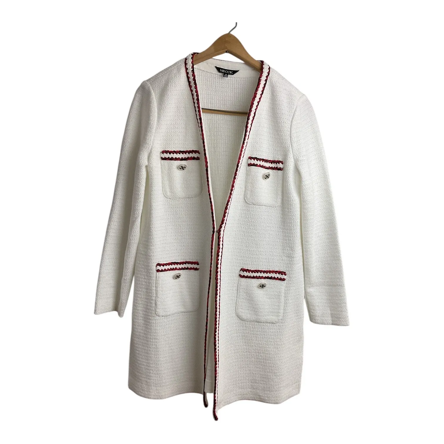 MISOOK White Textured Open Front Cardigan Jacket Womens Size M Red Trim Pockets - Image 3