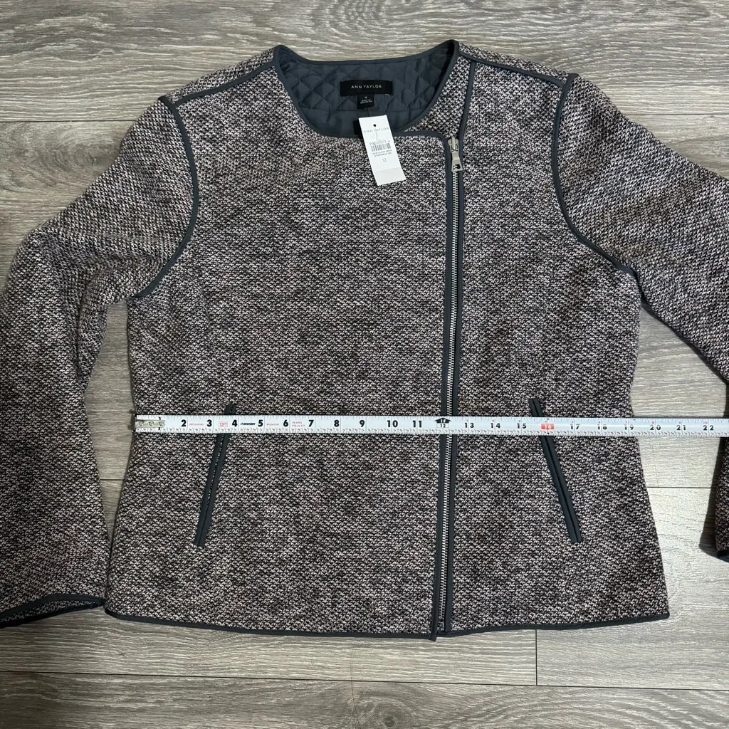 Ann Taylor Women Gray Textured Zip-Up Crew Neck Long Sleeve Jacket Size 12 - Image 10