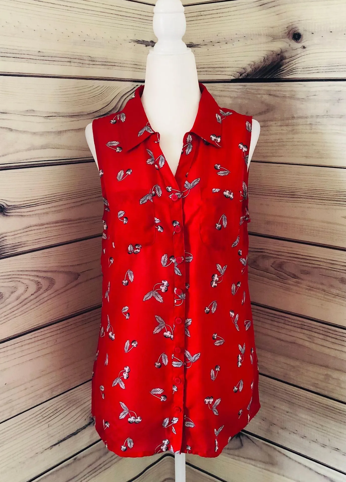 Christopher & Banks Red Cherry Printed Button Down Tank - Image 2