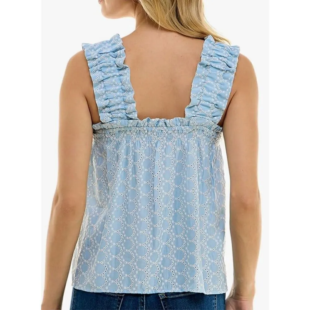 Aqua Eyelet Top Size Large Blue Ruffle Pullover Wide Strap‎ Woven Tank NEW - Image 2