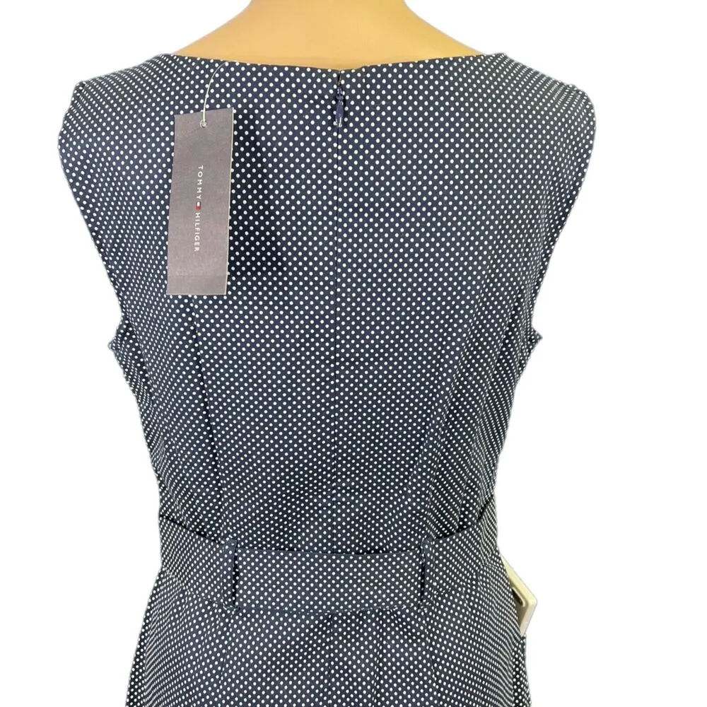 Tommy Hilfiger Womens Sheath Dress Polka Dot Sleeveless Tie Belted Navy Blue - Image 8