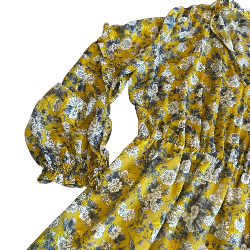 Zara Yellow Floral Print Dress Long Sleeve Defined Waist Stretch Size Medium - Image 4