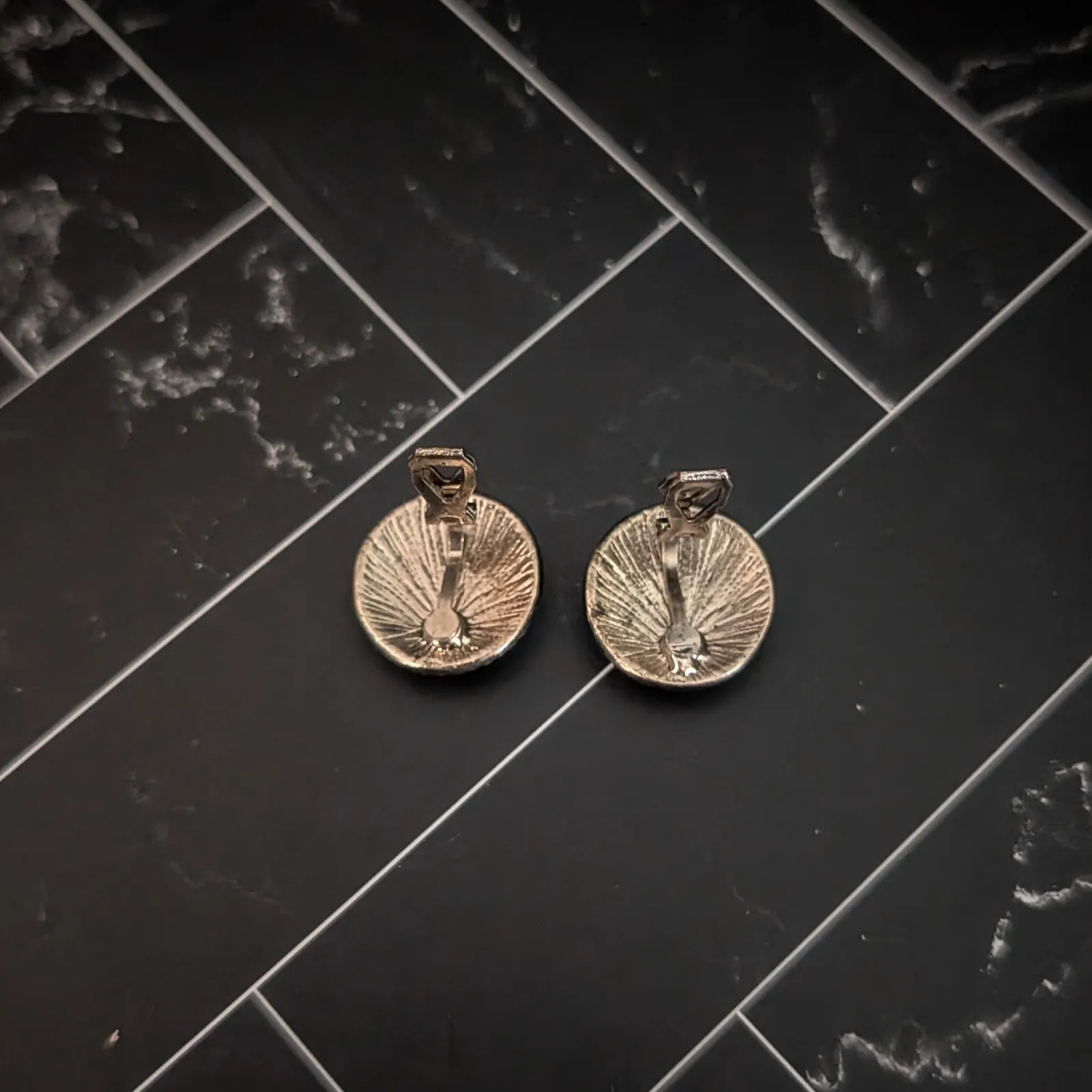 Vintage Clip On Earrings Antique Shade of Gold Tone with Blue Center 0.75" - Image 5