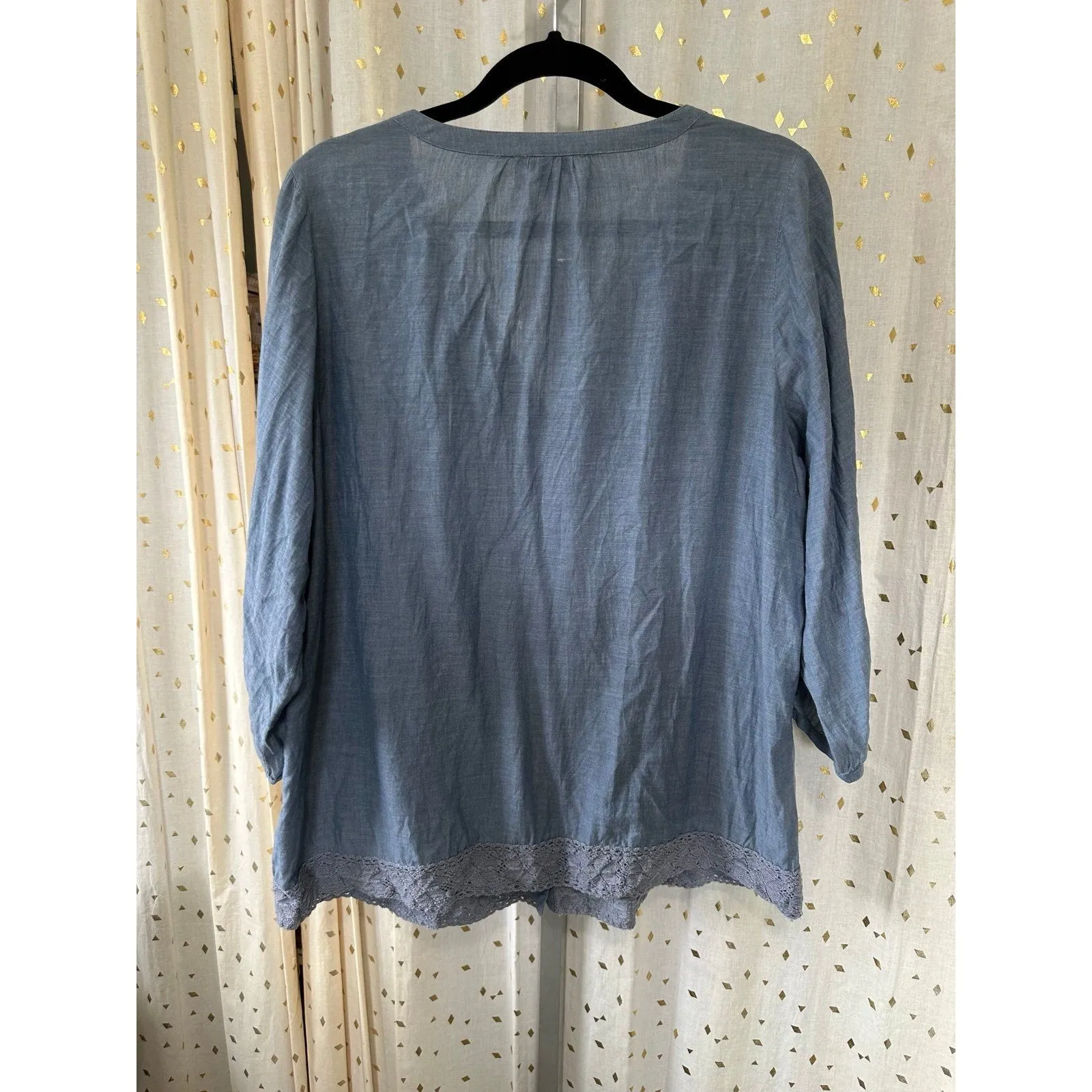 Intro 100% Cotton Semi Sheer Lace Trim Piping 3/4 Puff Sleeves Peasant Blouse 1X Blue - Image 4