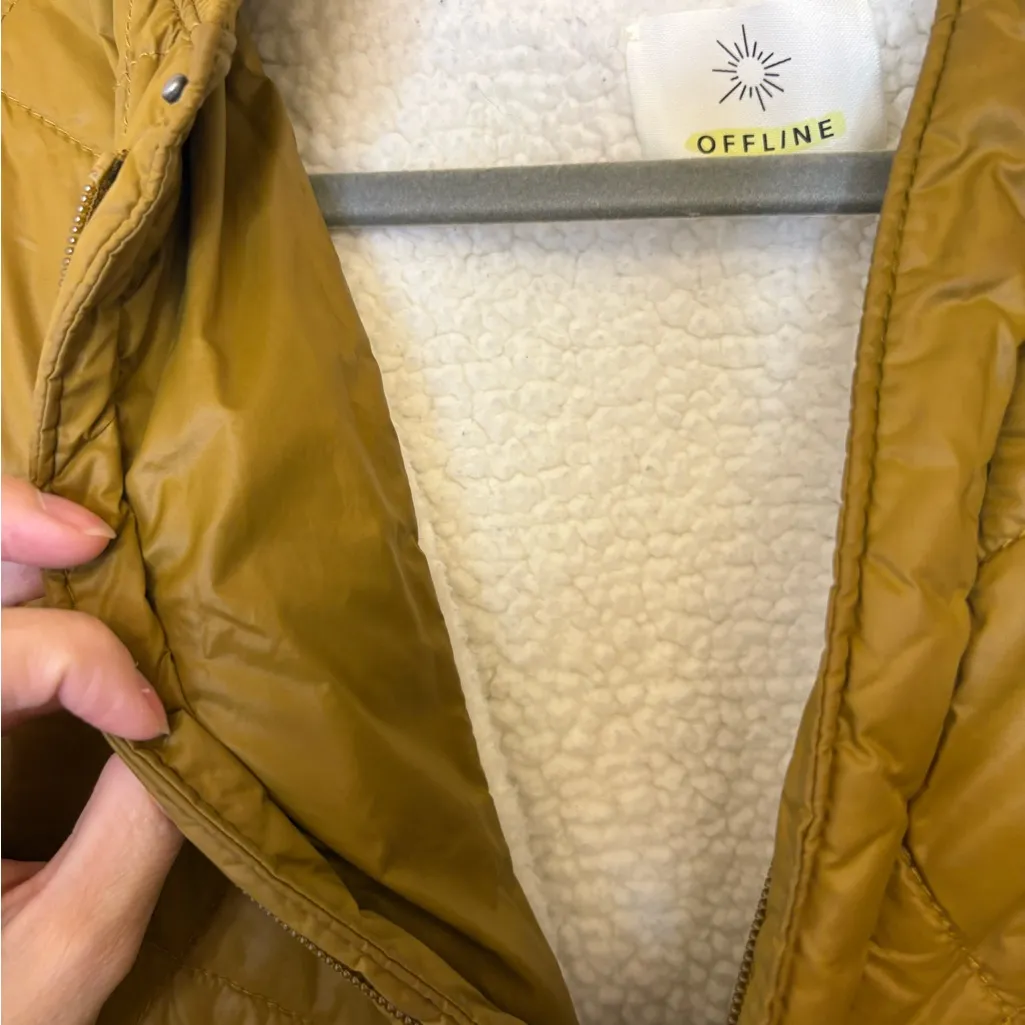 Offline by Aerie Mustard Quilted Bomber Jacket Cozy Sherpa Lined Medium - Image 12