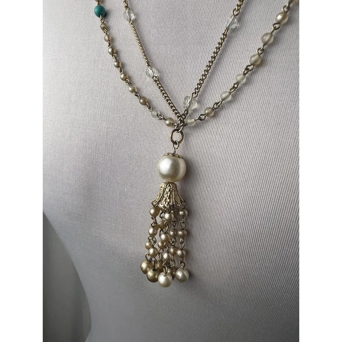 vintage gold chain double layered beaded pendant chain Lariat necklace Blue - Image 3