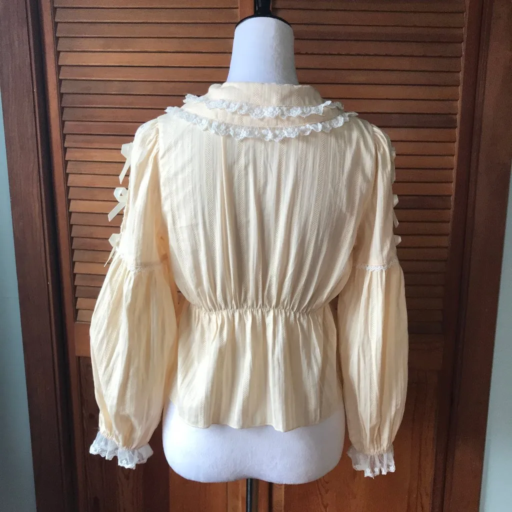 Victorian Gothic Lolita Tea Stain Balloon Sleeve Round Collar Shirt Top M Tan Size M - Image 4
