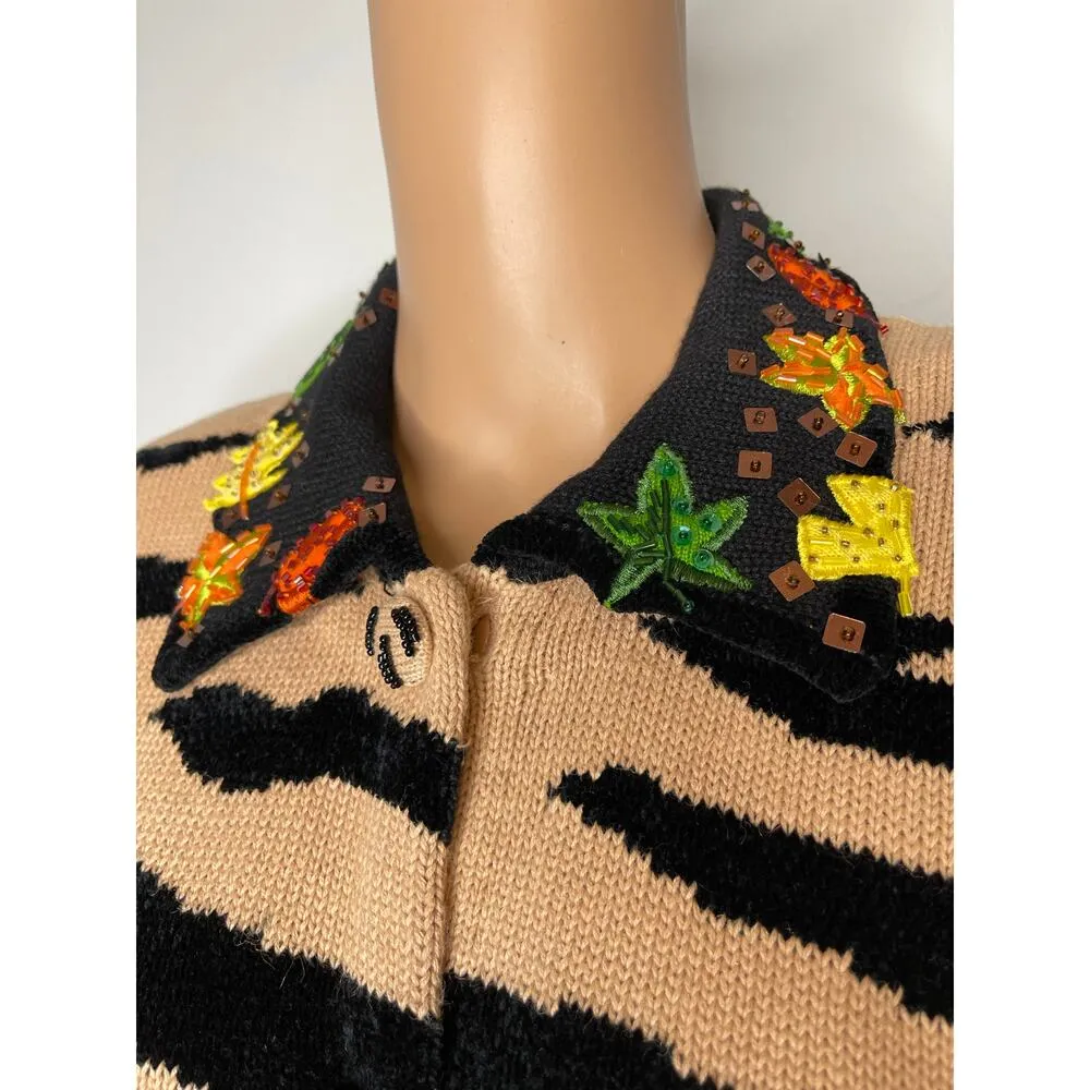 Berek Tiger Striped Embroidered Cardigan Knit Sweater size M Tan/Black Vintage Tan Size M - Image 5