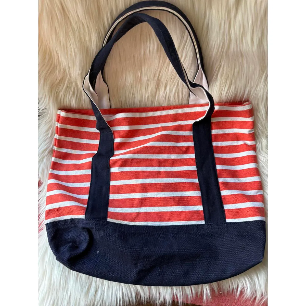 Striped Canvas Tote Bag with Pineapple Embroidery Red - Image 2