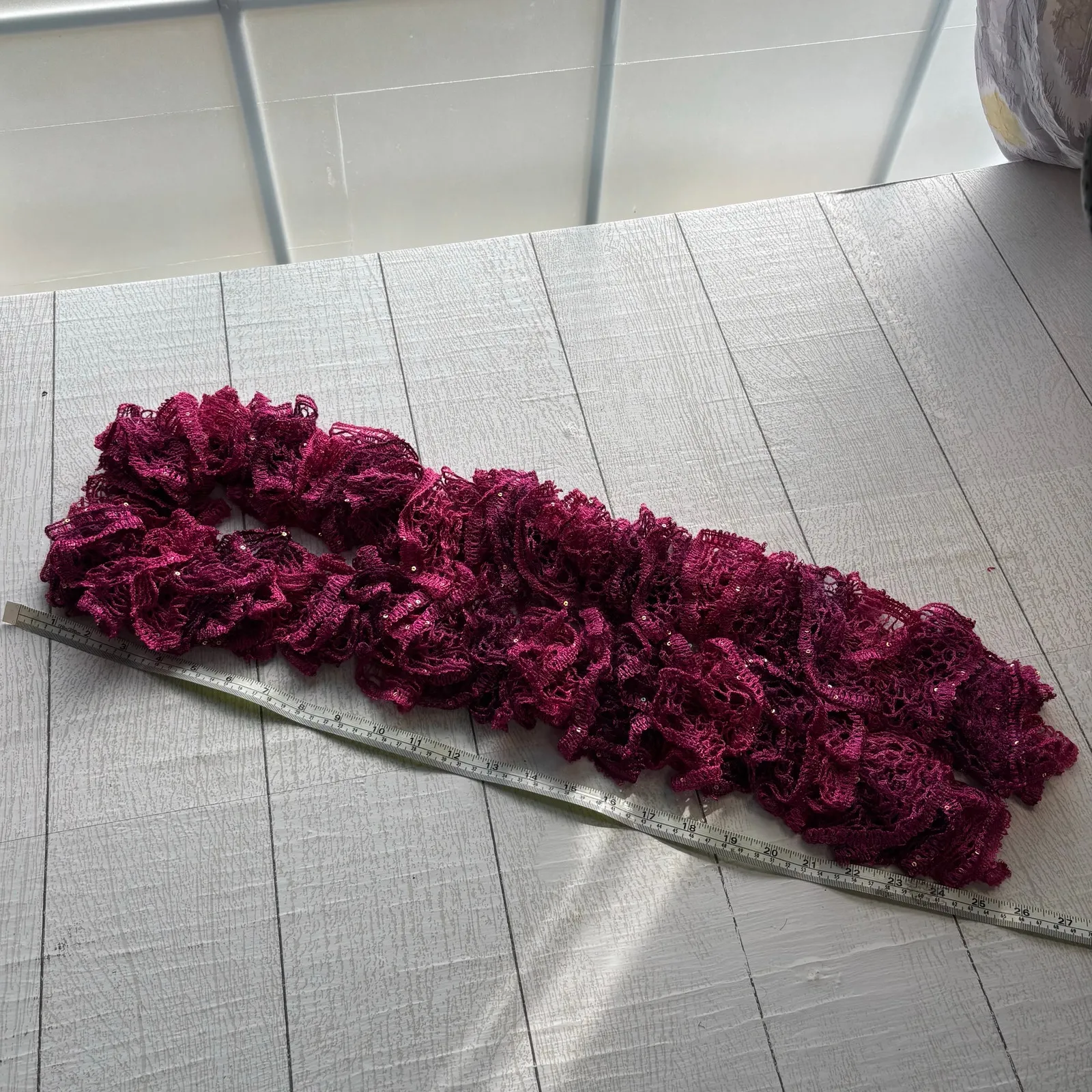 Homemade Crocheted Purple and Pink Ruffle Scarf with Gold Sequin Accents - Image 4