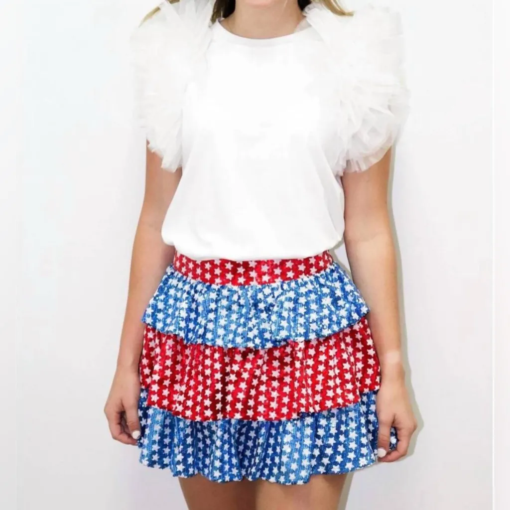 Queen of Sparkles Spangle Stars Red White Blue Tiered Mini Skirt Skort - Image 2