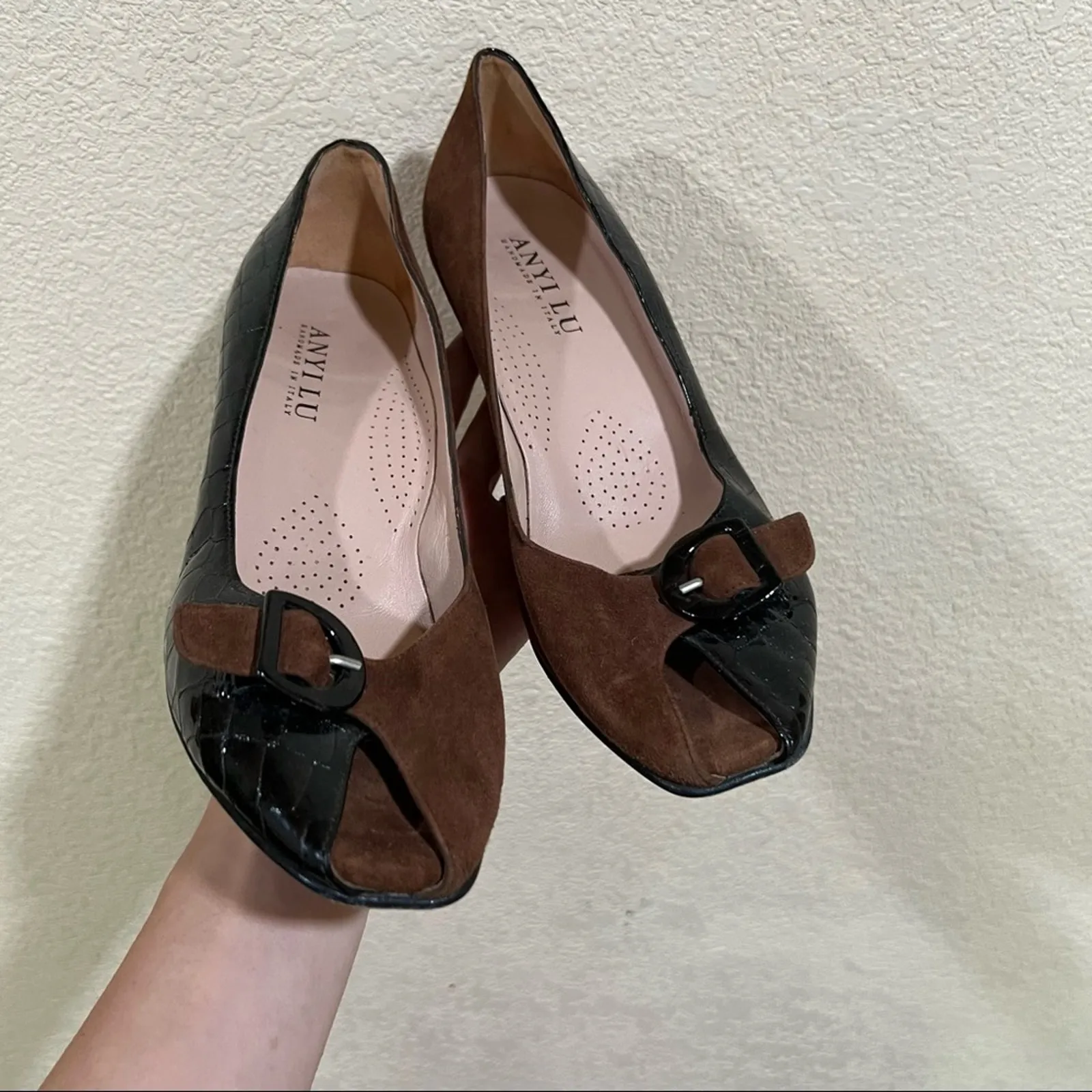 Anyi Lu brown leather suede peep toe heels Size 10 - Image 3