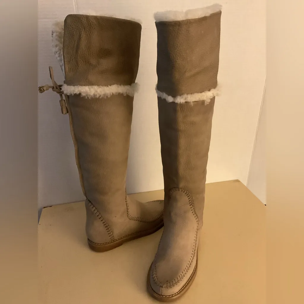 Jack Rogers women beige leather fur Nell over the knee moccasin boots 5 - Image 4