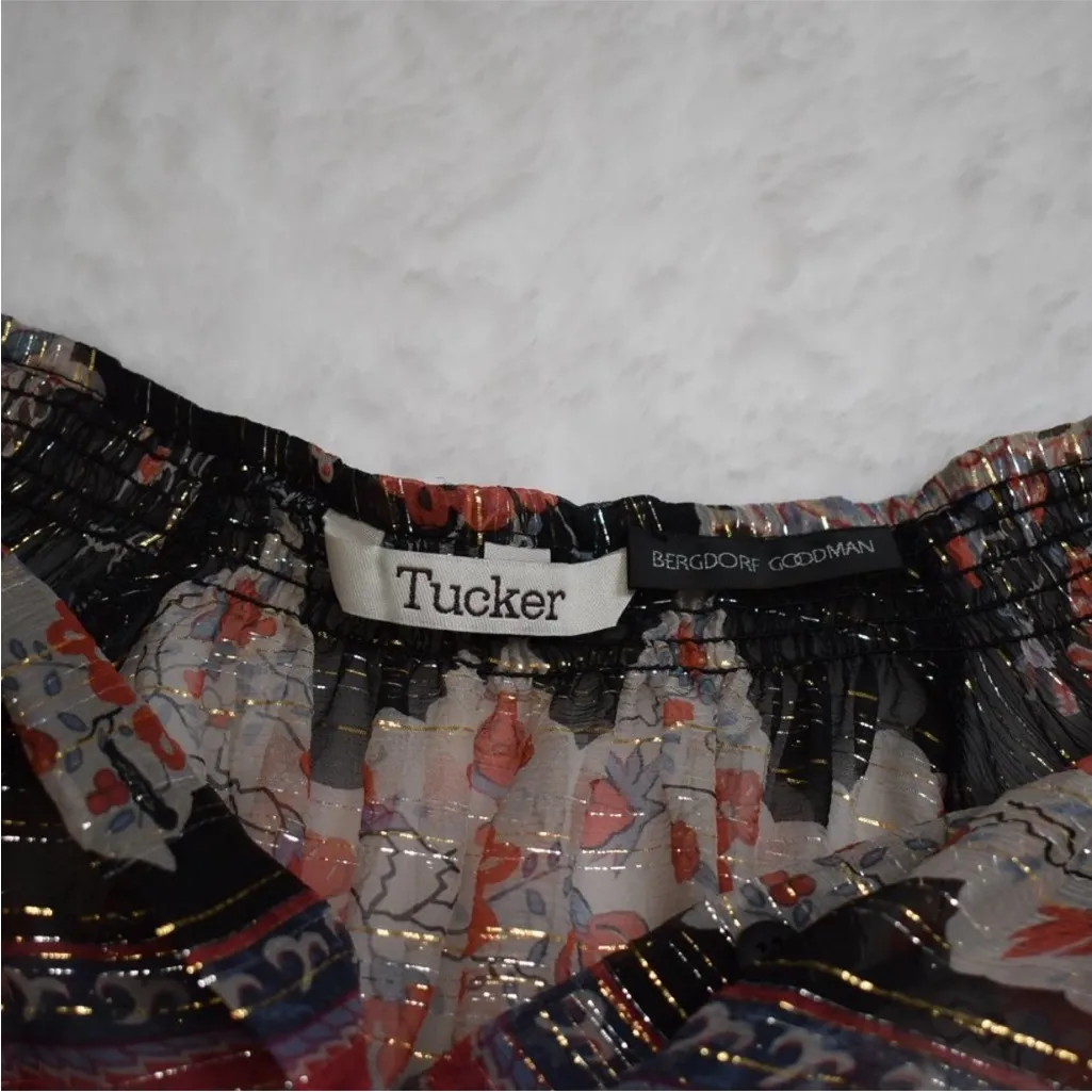 TUCKER Bergdorf Goodman Boho 100% Silk Button Down Sheer Blouse Metallic Size S Red - Image 11