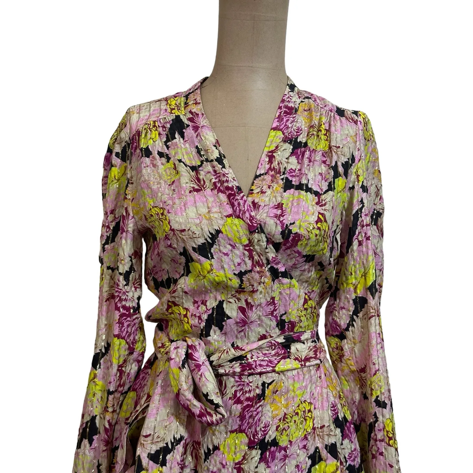 Birgitte Herskind Mini Dress Pink Metallic Gold Floral Long Sleeve Wrap Silk Size 4 - Image 6