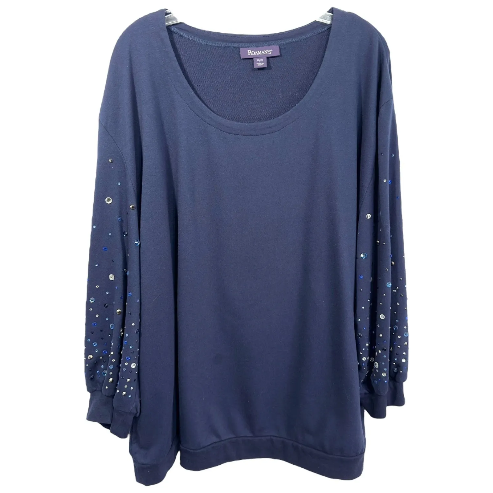 Roamans Plus Size 18W 20W Sweatshirt Top Rhinestone Sleeve Studded Blue 1070‎ - Image 2