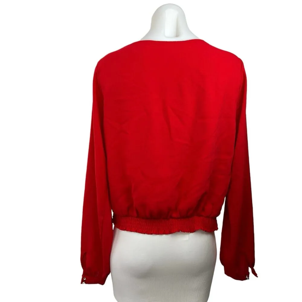 Soieblu Red Lace V Neck Gold Accent Smocked Long Sleeve Blouse Top Size L - Image 2