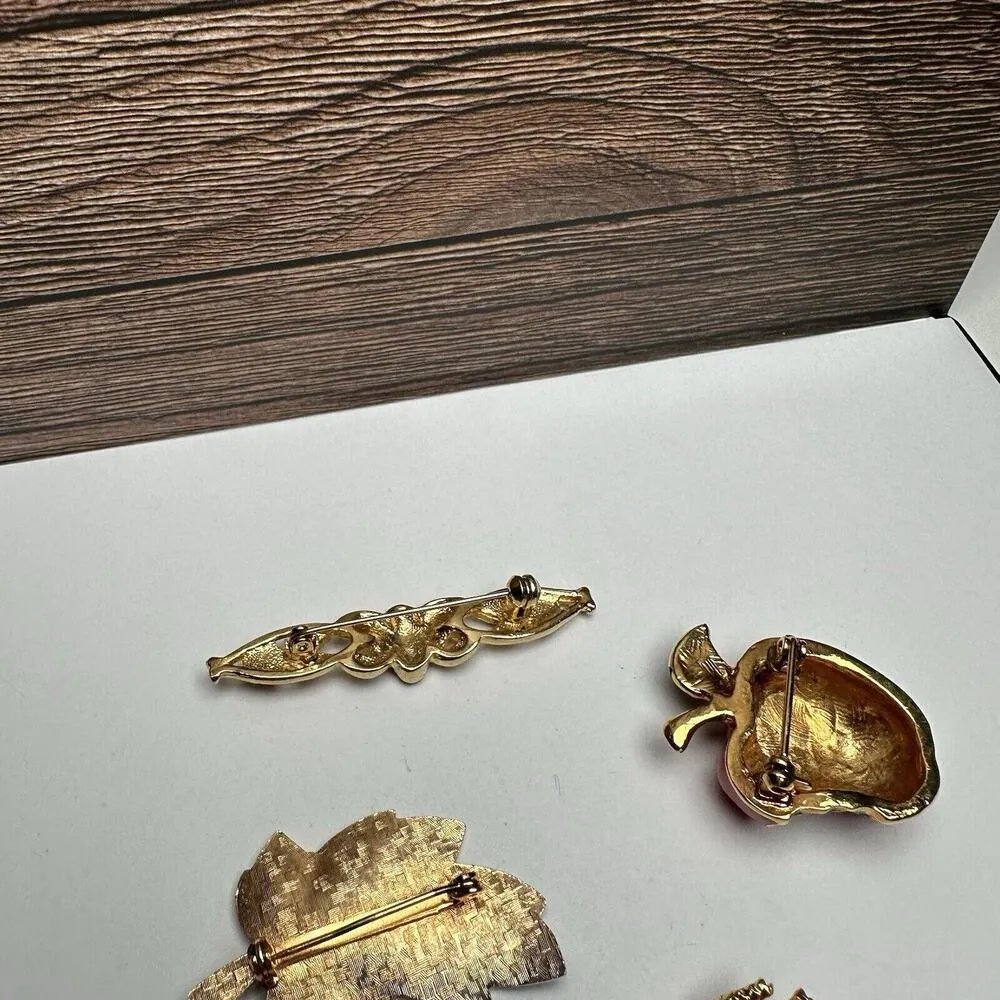 Green Leaf, Red Apple, Ladybug Bug, Flower Bar Enamel Brooch Pin Lot Of 4 Gold - Image 11