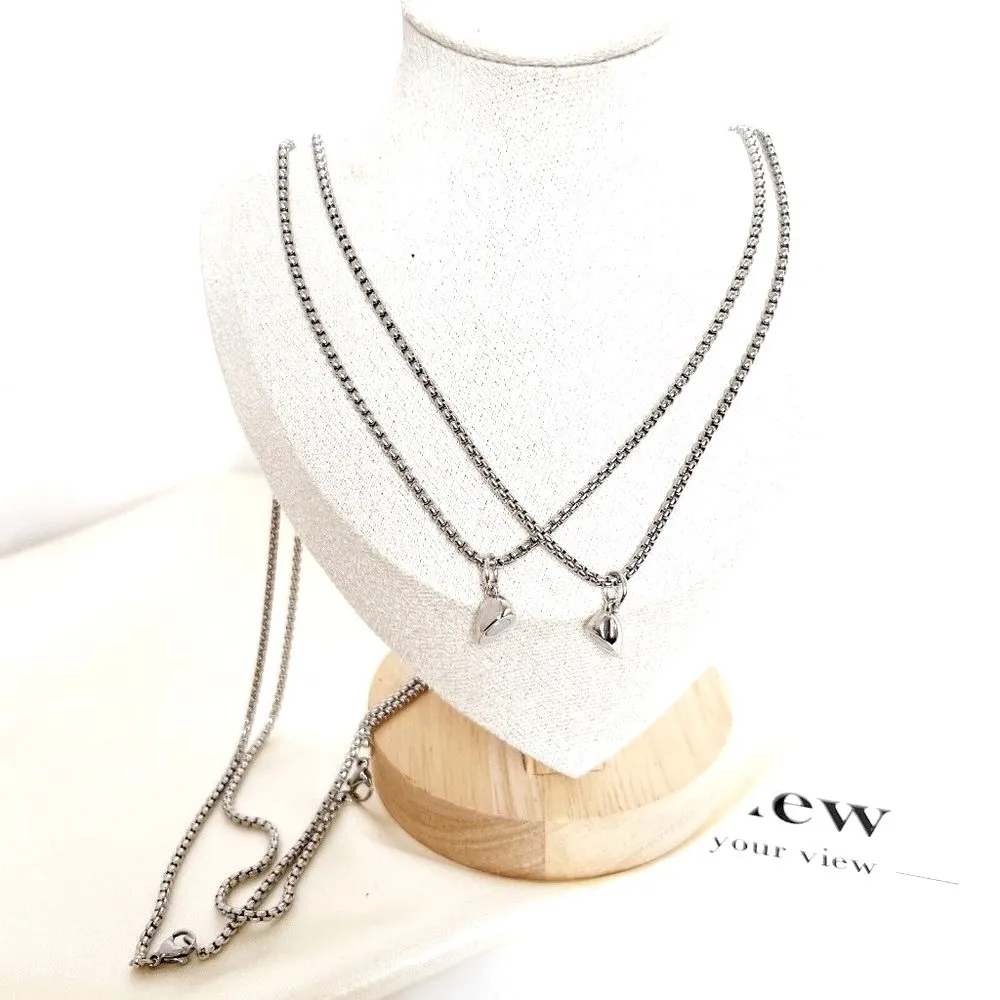 Silver Plated Heart couple necklace 2pcs Magnetic Stainless Steel unisex jewelry - Image 4