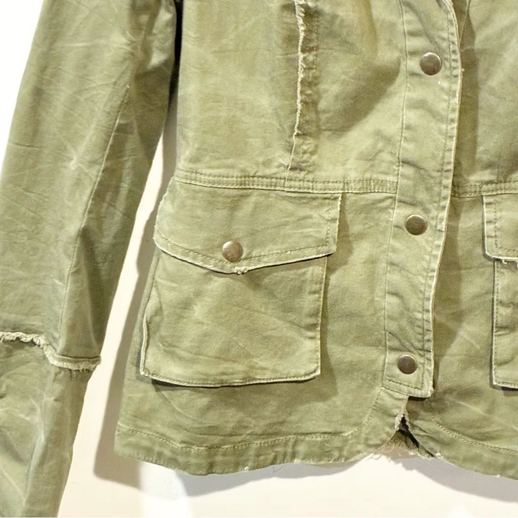 Free People Military Twill Ruffle Jacket Green Khaki Tie Sleeve Blazer Small - Image 2