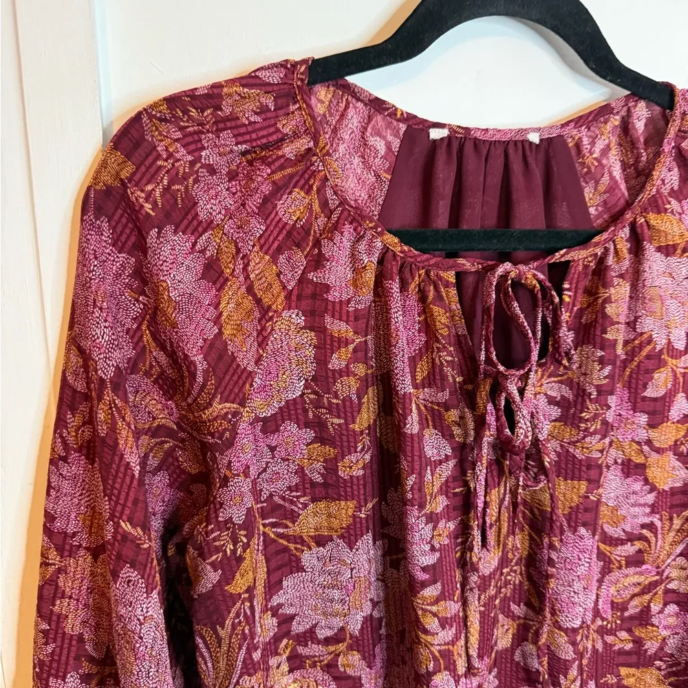 Loft Burgundy Floral Tie Neck Blouse - Image 6